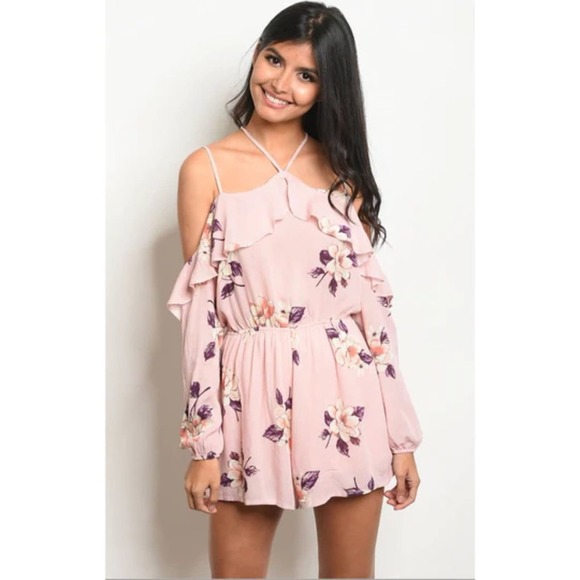 NWT London Blush Off Shoulder Strappy Ruffle Floral Romper Playsuit Small - Picture 2 of 11